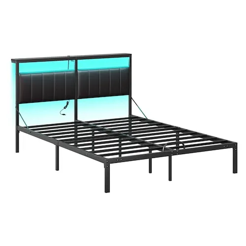Queen Bed Frame with LED Lights, Black Upholstered PU Leather Platform Bed