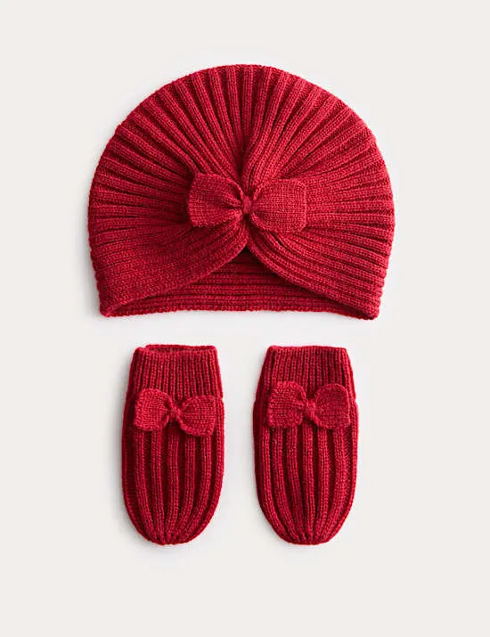 Set aus Mütze und Fäustlingen im Turban-Stil mit Schleife für Babys (0–3 Jahre)