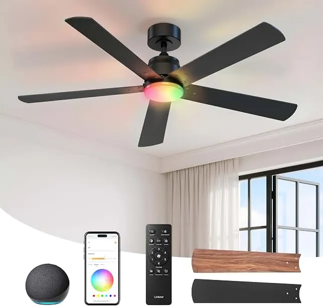 Linkind Matter 52" Smart Ceiling Fan with Lights and Remote, Black | 32-Zone RGB, Alexa/Apple Home/Google, Quiet DC Motor 4 Modes, APP/Voice Control, 1800K-6500K White, Indoor/Covered Outdoor
