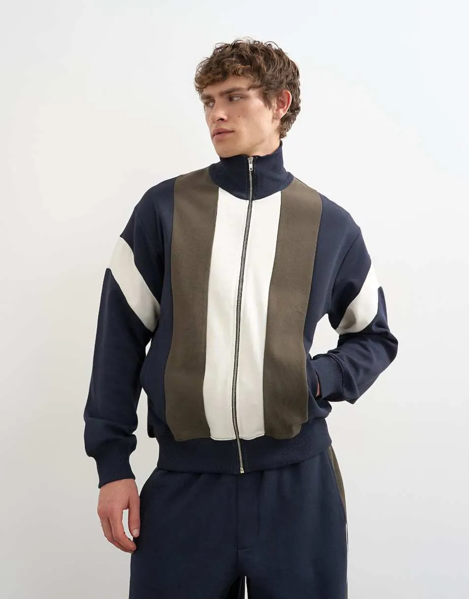 Topman classic fit pannelled pique track top in navy