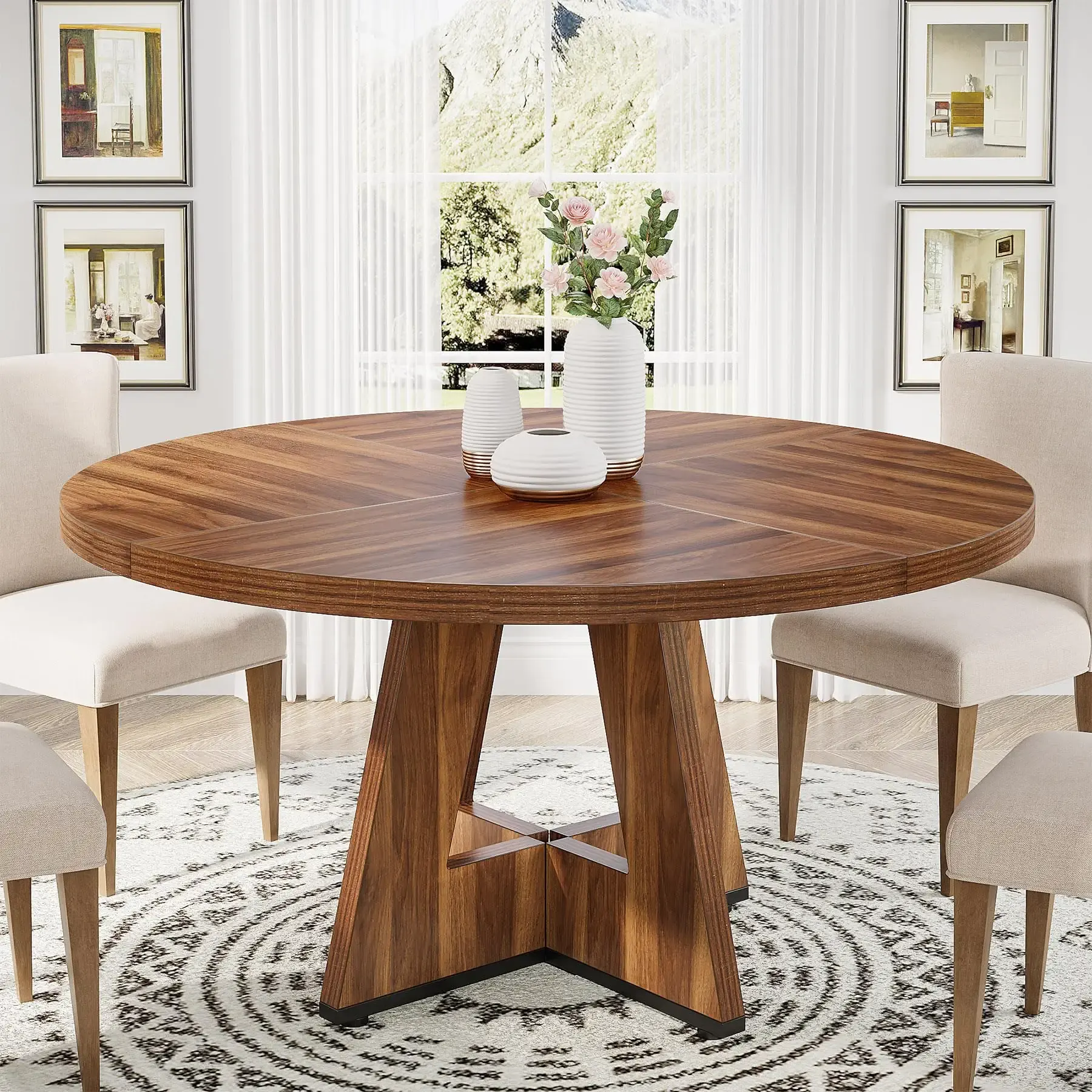 Tribesigns 47 inch Round Dining Table Wood Kitchen Table for Dining Room, 47" Dinner Room Tables for 4-6, Farmhouse Accent Furniture with Wooden Tabletop and Cross Base, Rustic Brown