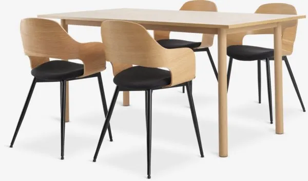 ALSTED L160 tafel naturel eiken + 4 HVIDOVRE n.eiken/zwart