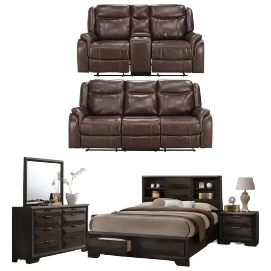 Bundle: Catarina Collection Sofa and Loveseat Recliners + Brooke Queen Bedroom Set