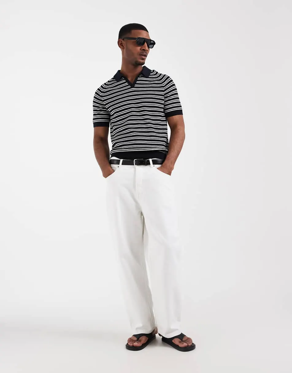 Mango knitted revere collar polo top in navy stripe