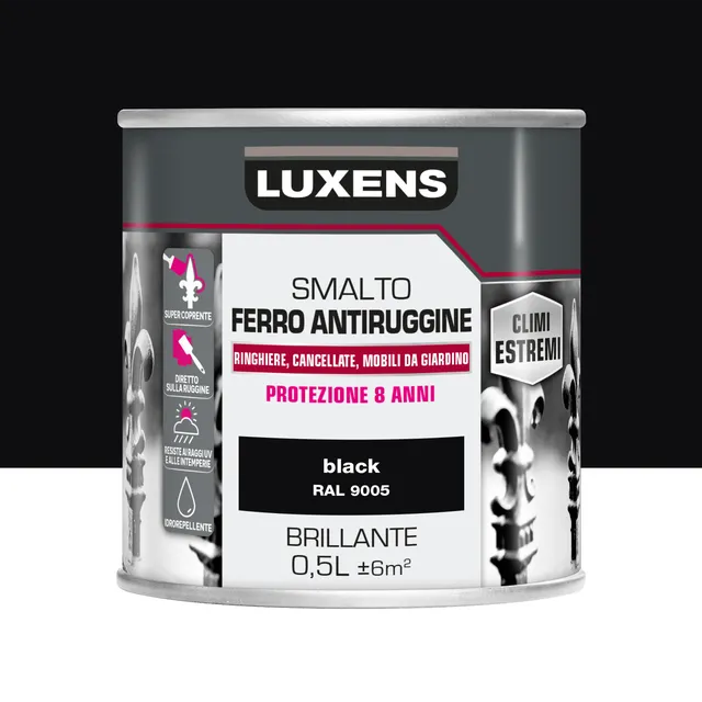 Vernice da esterno con solvente antiruggine per ferro LUXENS Climi estremi nero liscio lucido 0.5 L