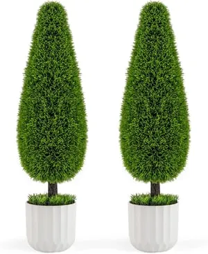 Juego de 2 Piezas de Arbusto Artificial de Cedro en Forma de Gota de 90 CM, Planta Topiaria en Maceta con Vides Plásticas, Árbol Artificial Ve