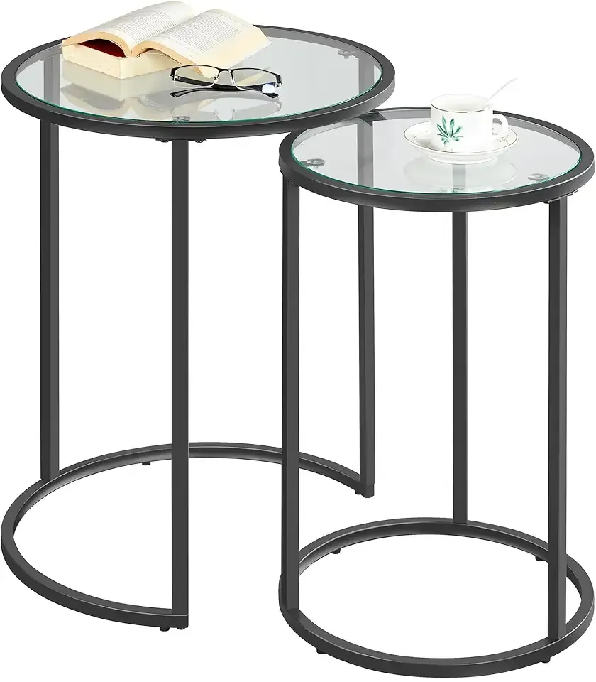 Yaheetech Round Nesting End Table Set of 2,Stacking Side Tables,Coffee Tables Set w/Metal Frame & Glass Top & Protective Foot Pads for Small Space, Living Room, Office- Black