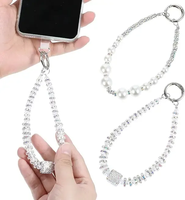 2 Pack Phone Wrist Strap, Pearl Beaded Phone Charm, Hands-Free Wristlet Bracelet, Detachable with Tether Tab
