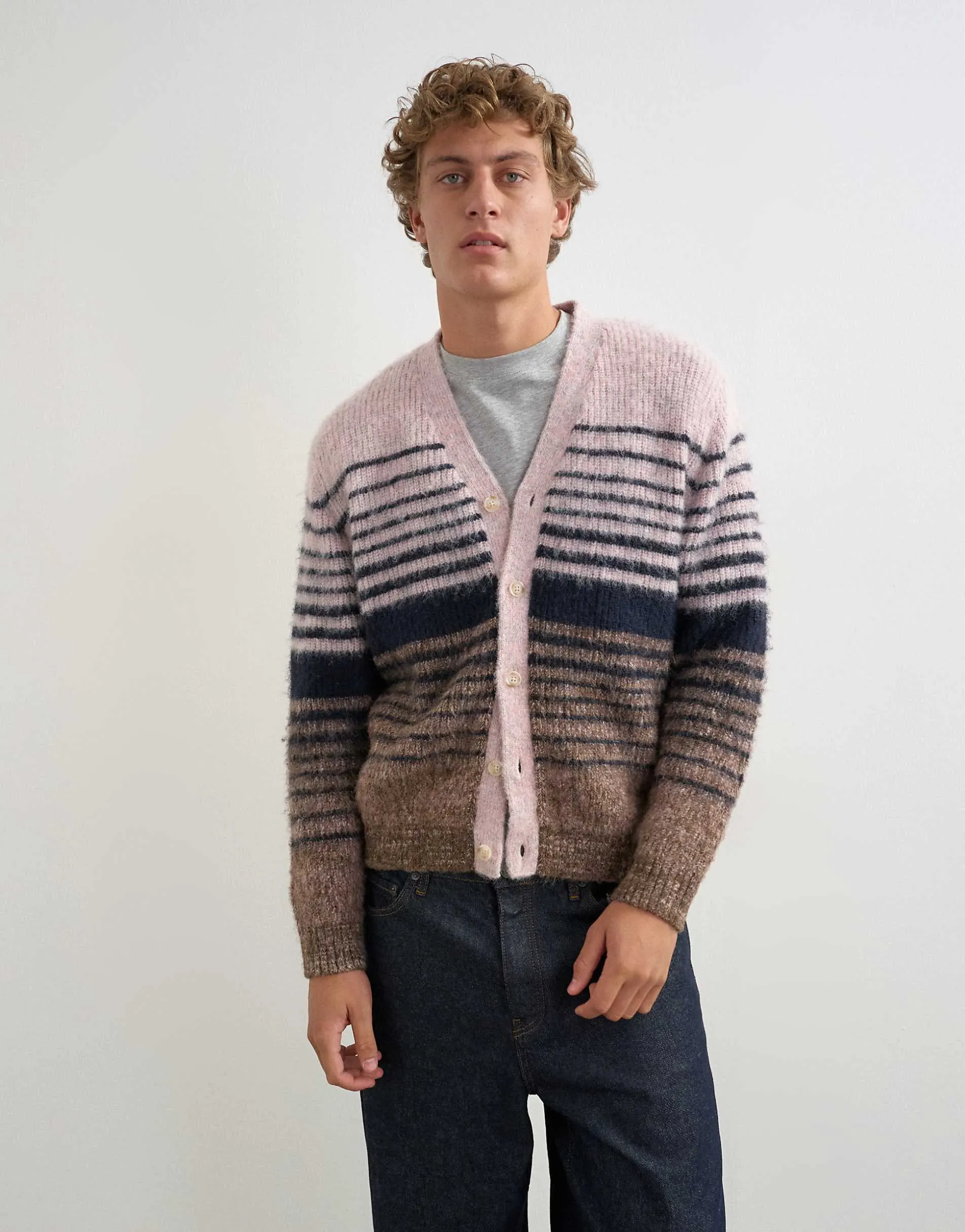 Topman regular fit striped knitted cardigan with ombre in pink