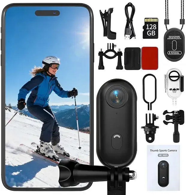 4K Thumb Action Camera | 128G Sports Camera for POV Photoshooting: Waterproof Sports Camera The Size of a Thumb Suitable for Running Cycling Swimming Hiking Adventure Etc (Black)