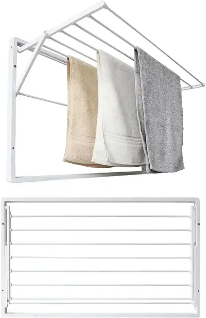 YUBELLES Wall Mounted Clothes Drying Rack, Foldable Wall Mount Laundry Rack Folding Indoor, Drying Rack Clothing Collapsible, Hidden Space Saver with 7 Rods for Indoor Outdoor Hanging Clothes, White