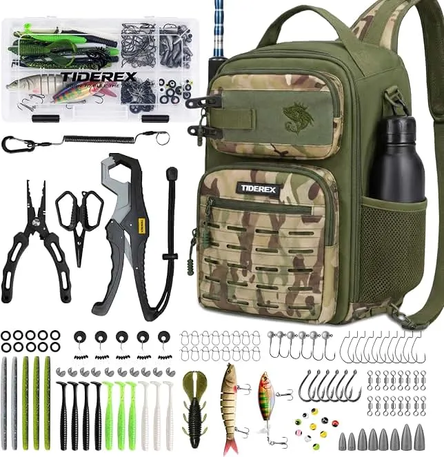 TideRex Fishing Sling Bag with 3500 Tackle Box & Fishing Gear, Green Camo. | With Lures, Hooks, Rigs, Tools, Waterproof & Lightweight, Fr…