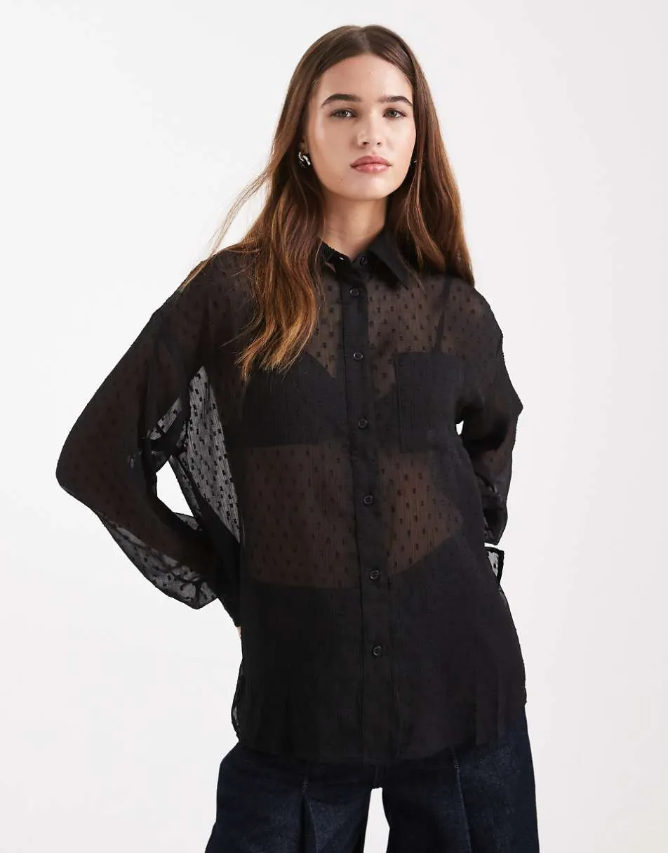 ASOS DESIGN sheer dobby detail shirt in black