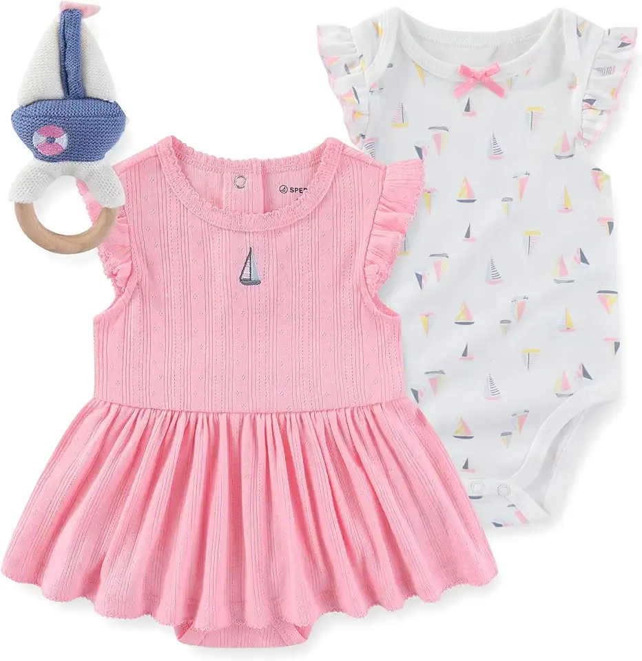 Baby Girls 2 Pack Interlock Bodysuit with Sailboat Rattle for Newborn and Infant