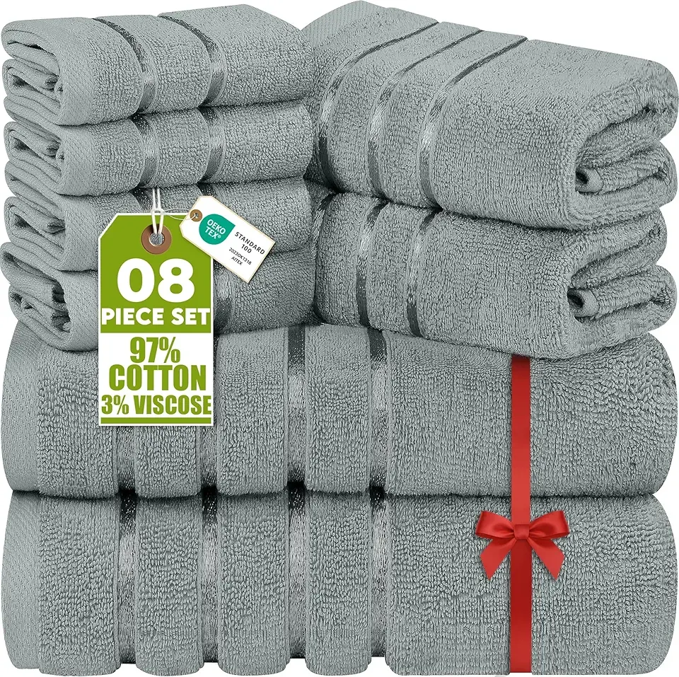 Utopia Towels 8 Piece Luxury Towel Set, 2 Bath, 2 Hand, and 4 Wash Cloths, 600 GSM Ring Spun Cotton, Highly Absorbent Viscose Stripe Towels, Ideal for Everyday use, Cool Grey