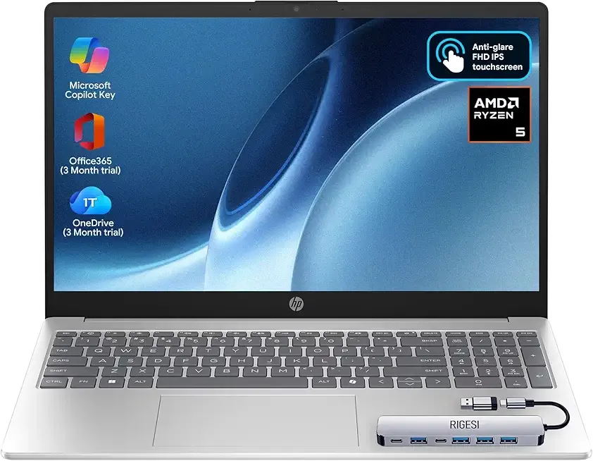 HP 15.6" FHD Touchscreen Laptop – AMD Ryzen 5 7520U (Beats i7-1165G7), 8GB DDR5 RAM, 128GB SSD, 3-Month Office 365 Trial, Windows 11 Pro, WiFi 6, HD Camera – with Docking Station Included