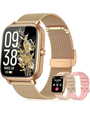 paybay Smart Watch for Women Men- 1000mAh Battery Answer/Make Call, Fitness Step Tracker Watch with Sleep Monitor/Activity Counter/110+ Sport Mode for Andriod iPhone iOS Compatible - 3 Straps, Golden