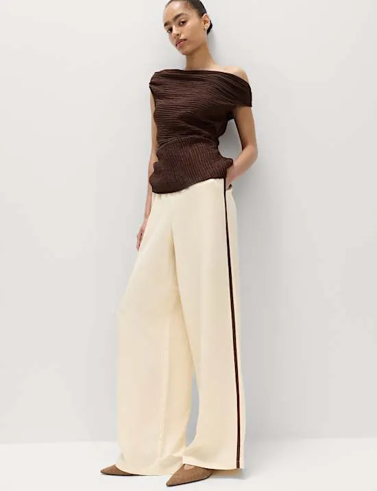 Side Stripe Wide Leg Trousers with Linen