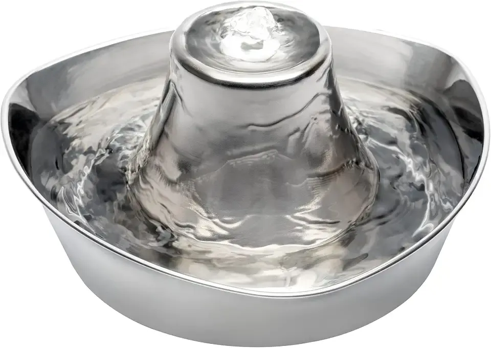PetSafe Seaside Stainless Steel Cat & Dog Fountain, 60 Oz Water Capacity - 2 Water Filters & 1 Pump Included, Soothing Flow for Pets, Scratch-and Rust-Resistant Material - Quiet Motor