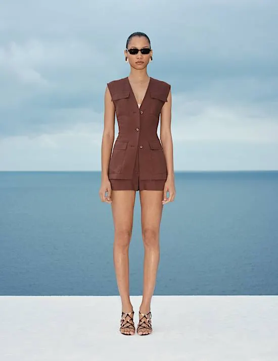 Belted Utility Longline Waistcoat with Linen