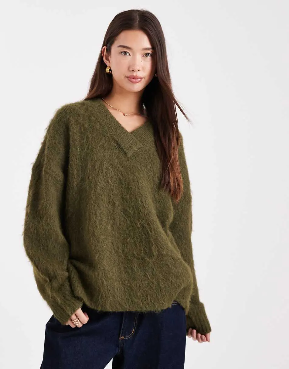 ASOS DESIGN knitted brushed v neck oversized jumper in olive