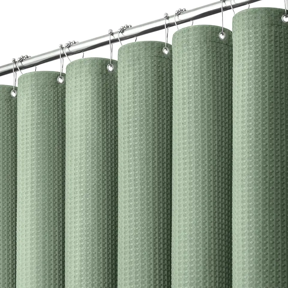 Dynamene Sage Green Shower Curtain - Waffle Textured Heavy Duty Thick Fabric Shower Curtains for Bathroom, 256GSM Luxury Weighted Polyester Cloth Bath Curtain Set with 12 Plastic Hooks，72Wx72H,Green