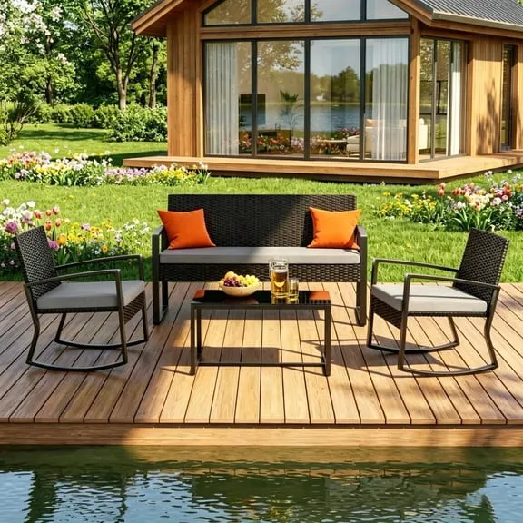 Clearance Patio Furniture Set, Lofka 4 Pieces All-Weather Outdoor Conversation Set with 2 Rattan Wicker Rocking Chairs, Glass Table & Removable Cushions, Gray $109.95 Was $199.99