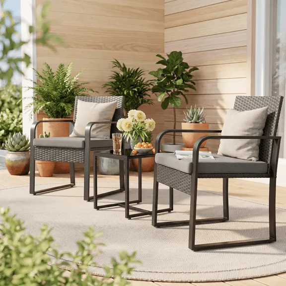 Deal, Asofer 3 Pieces Patio Chairs with Cushions,All-Weather Outdoor Rattan Furniture Sets with Glass Table for Garden,Porch, Bistro,Yard,Gray