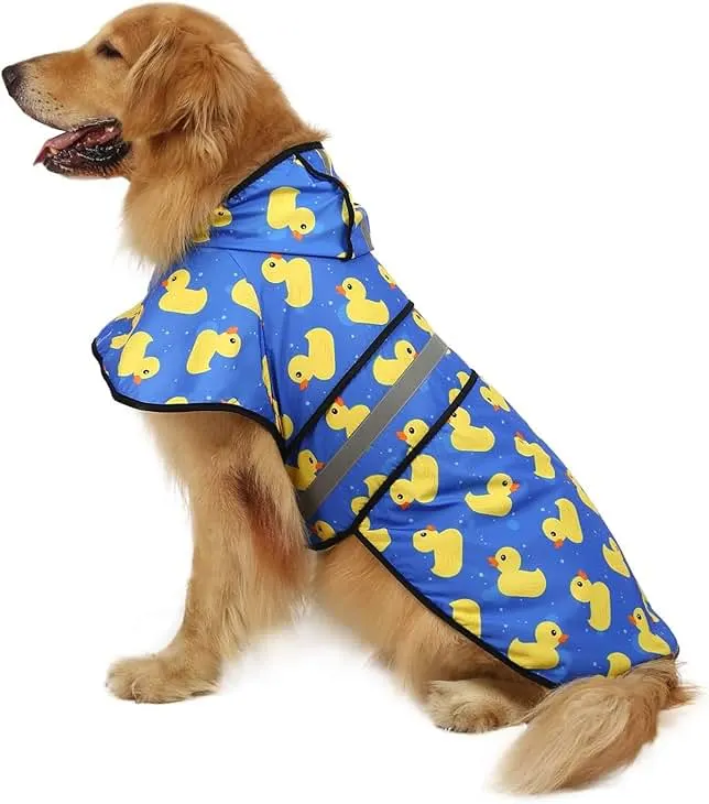 HDE Dog Raincoat Jacket Reflective Adjustable Hooded Pet Poncho Rain Coat with Leash Hole for Small to X-Large Dogs Rubber Ducks - L