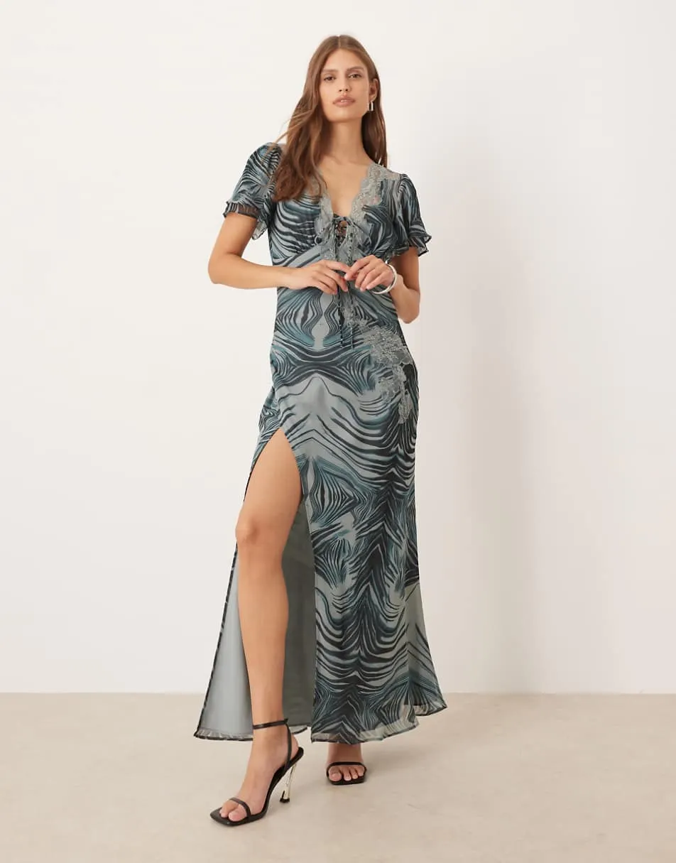 ASOS DESIGN tie front maxi tea dress with lace detail in grey zebra print