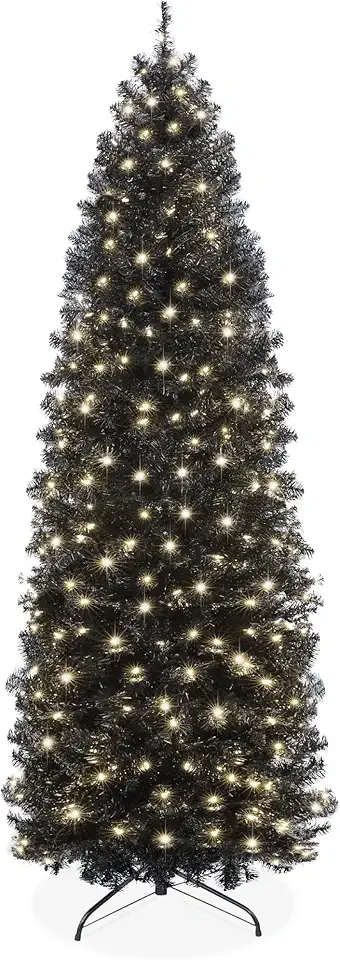 Best Choice Products 6ft Pre-Lit Black Pencil Christmas Tree, Slim Artificial Skinny Holiday Tree for Home, Office, Party Decoration w/ 608 Tips, 250 Incandescent Lights, Metal Base