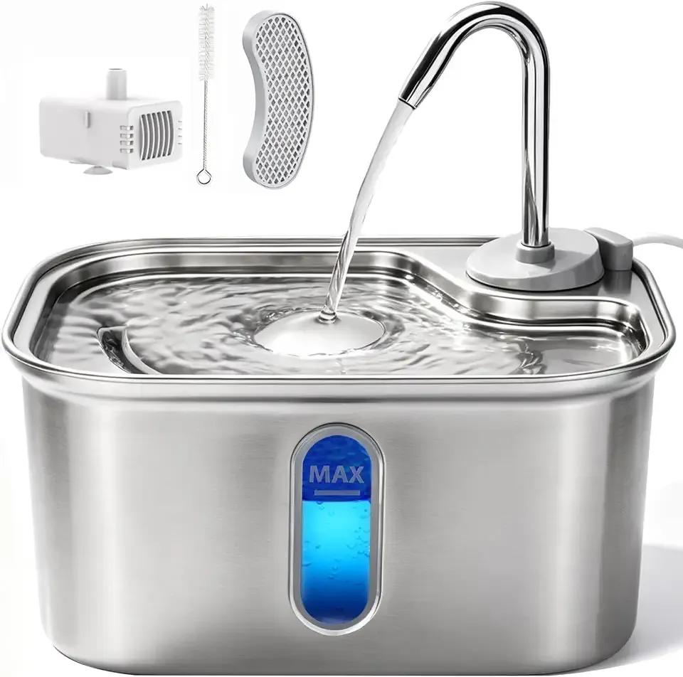 Cat Water Fountain Stainless Steel for Cats Indoor 2.5L 85oz by BPA-Free SUS304, Effective 6-Layer Filter Cat Fountain for Drinking 15dB Ultra Quiet Metal Pet Water Fountain (Fountain+1 Filter)