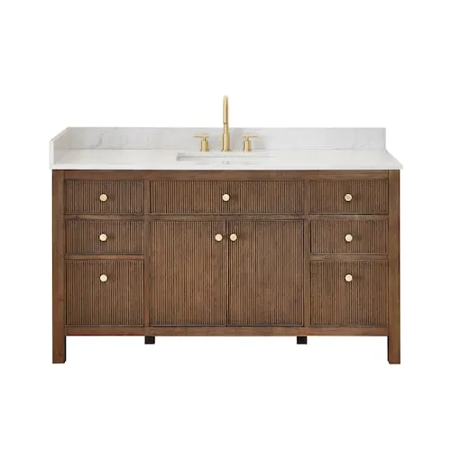 Altair Cerrito 60"W x 22"D Single Vanity Set,Brown Brushed Oak with White Engineered Stone Top no Mirror