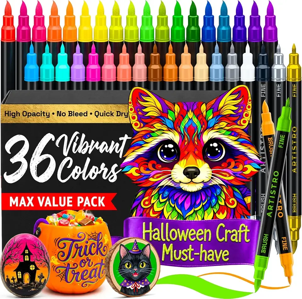 ARTISTRO 36 Multicolor Dual-Tip Acrylic Paint Marker Pens for Drawing