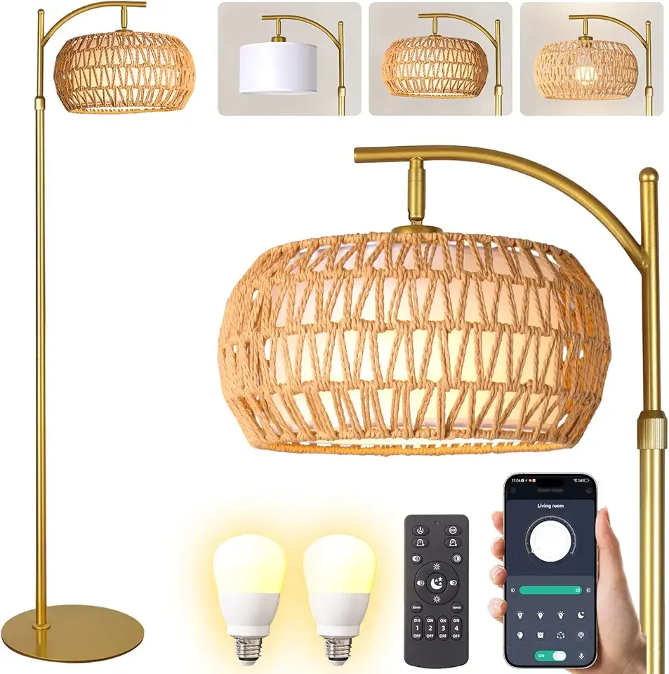 Gold Boho Rattan Floor Lamp w/Remote, Dimmable (2700K - 6000K), 2 - in - 1 Wicker & Fabric Shade, Adjustable 165-172cm for Living Room & Bedroom