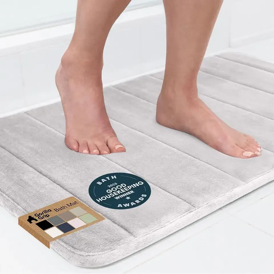 GORILLA GRIP Memory Foam Bath Mat, Soft Absorbent US Designed Bathroom Rug, Gripping Dots Machine Washable Bathmat, Cushioned Floor Mats, Shower Sink Rugs Room Décor Accessories, 24x17 Light Gray