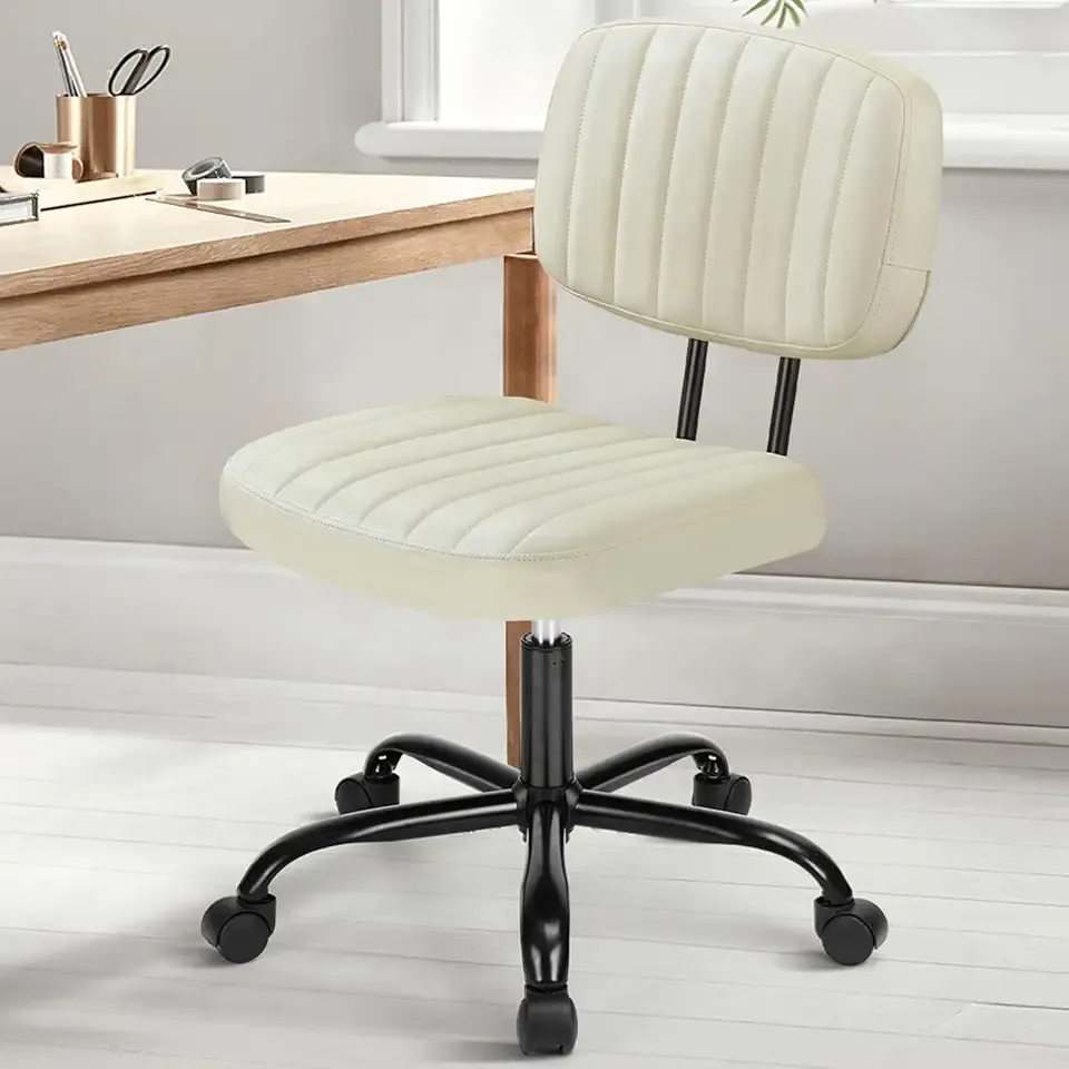 Small Armless Home Desk Chair with Low Back Lumbar Support, Height Adjustable PU Leather Computer Task Chair with 360° Swivel Wheels, for Small Space, Kids and Adults, Beige White