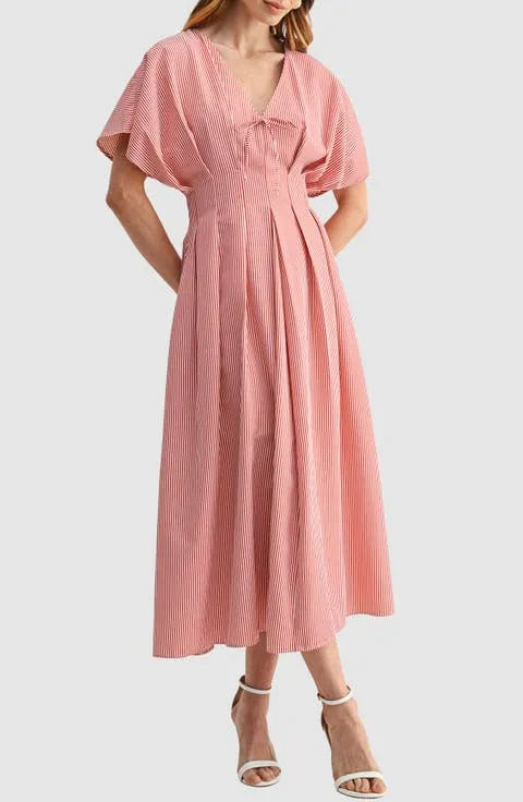 Stripe Pleat Waist A-Line Midi Dress