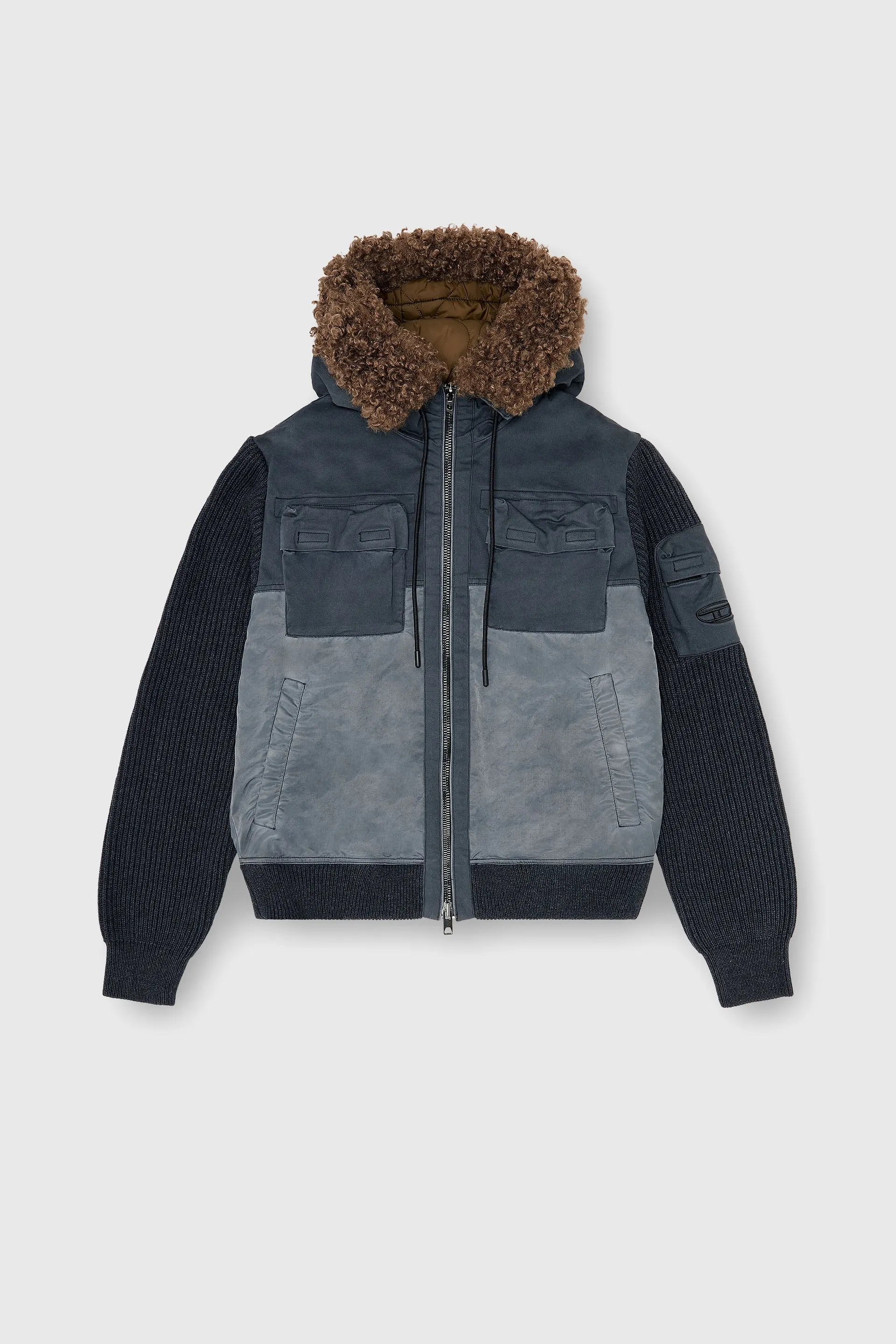 Hooded padded jacket with knitted sleeves