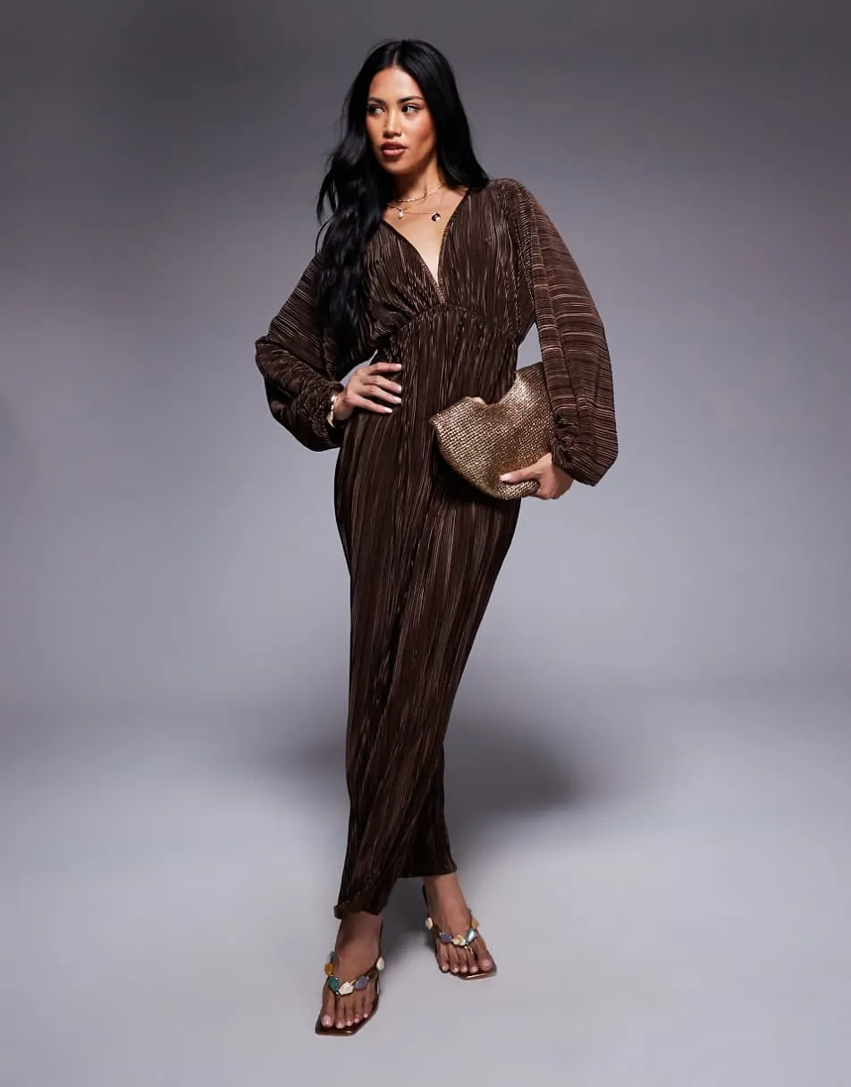 ASOS DESIGN plisse balloon sleeve V front midi dress in chocolate