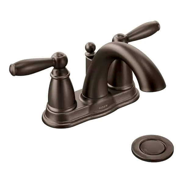 MOEN Brantford 4 in.​ Centerset 2-​Handle Low-​Arc Bathroom Faucet in Oil Rubbed Bronze with Metal Drain Assembly