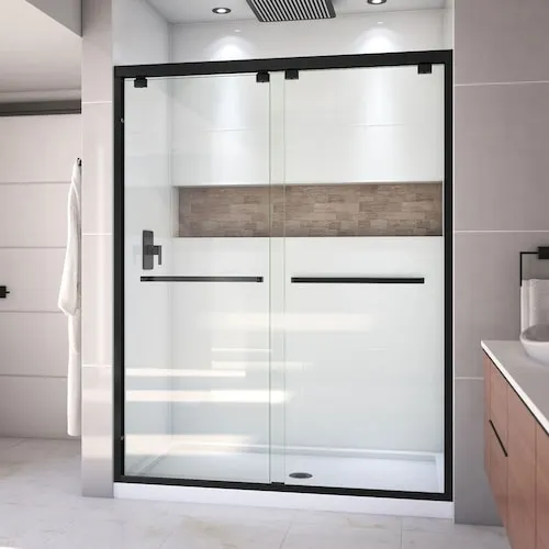 DreamLine Encore 32 in. D x 60 in. W x 78.75 in. H Alcove Shower Kit with White Acrylic Base, Centre Drain & Clear Glass Bypass Sliding Door in Matte Black (No Shower Wall)