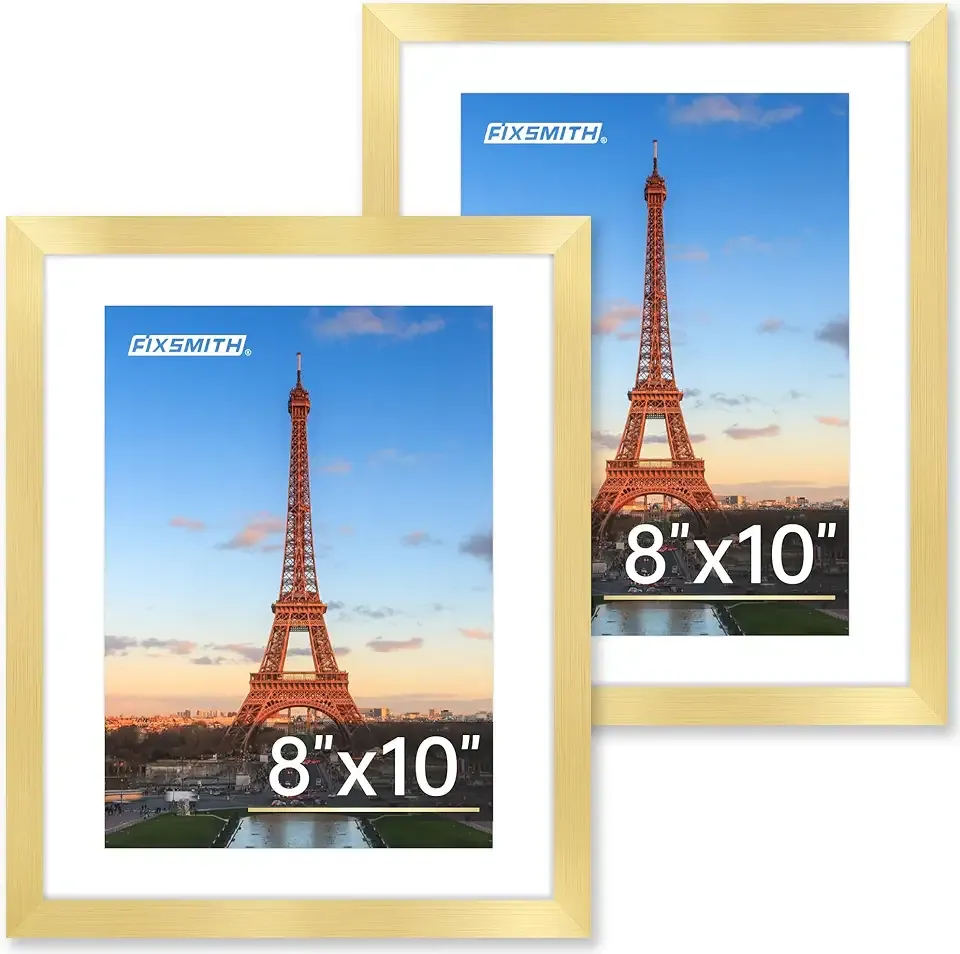 FIXSMITH 8x10 Picture Frame Set of 2, Gold Picture Frames Collage for Tabletop or Wall Display, Photo Frame with HD Plexiglass, Display Pictures 5x7 with Mat or 8x10 Without Mat