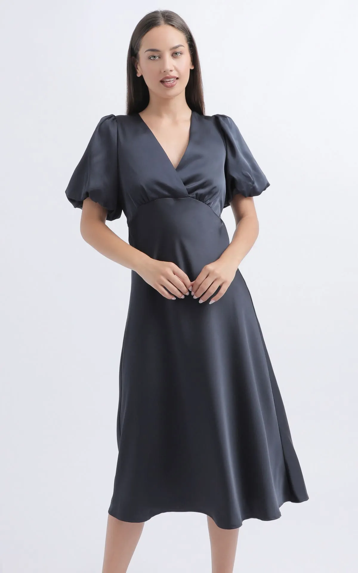 Satin Puff Sleeve Midi Dress