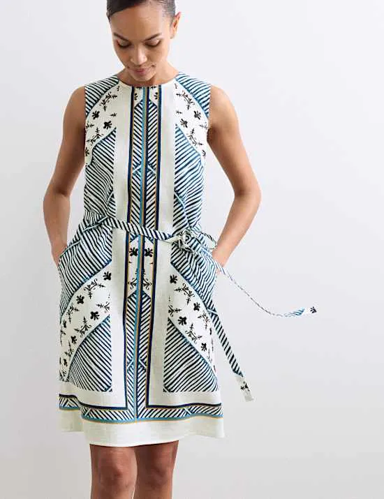 Gemustertes knielanges Etuikleid aus reinem Leinen