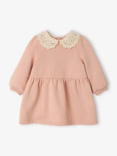 Robe bébé en molleton avec col en crochet - rose poudré