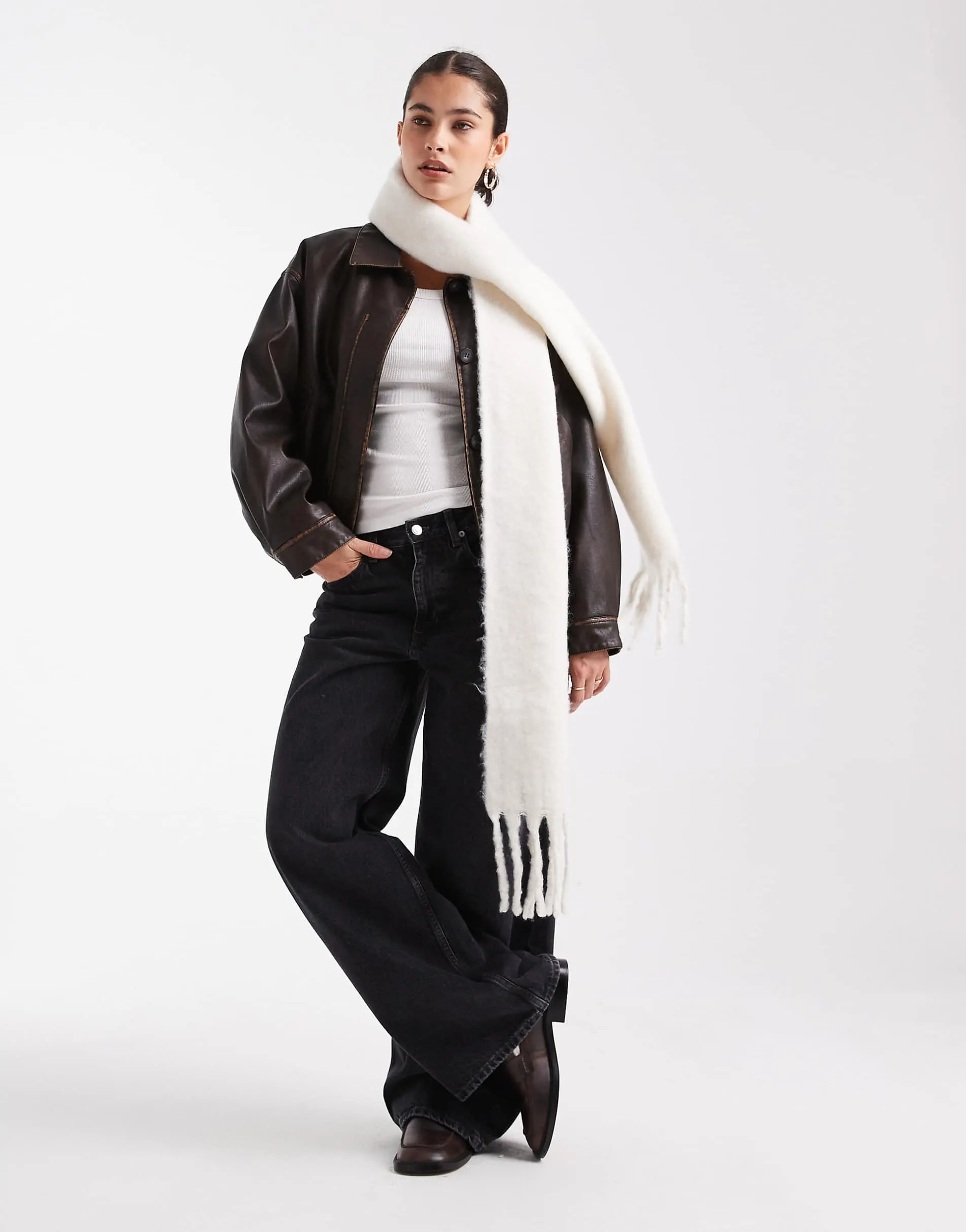 Pieces super soft long tassle scarf in white