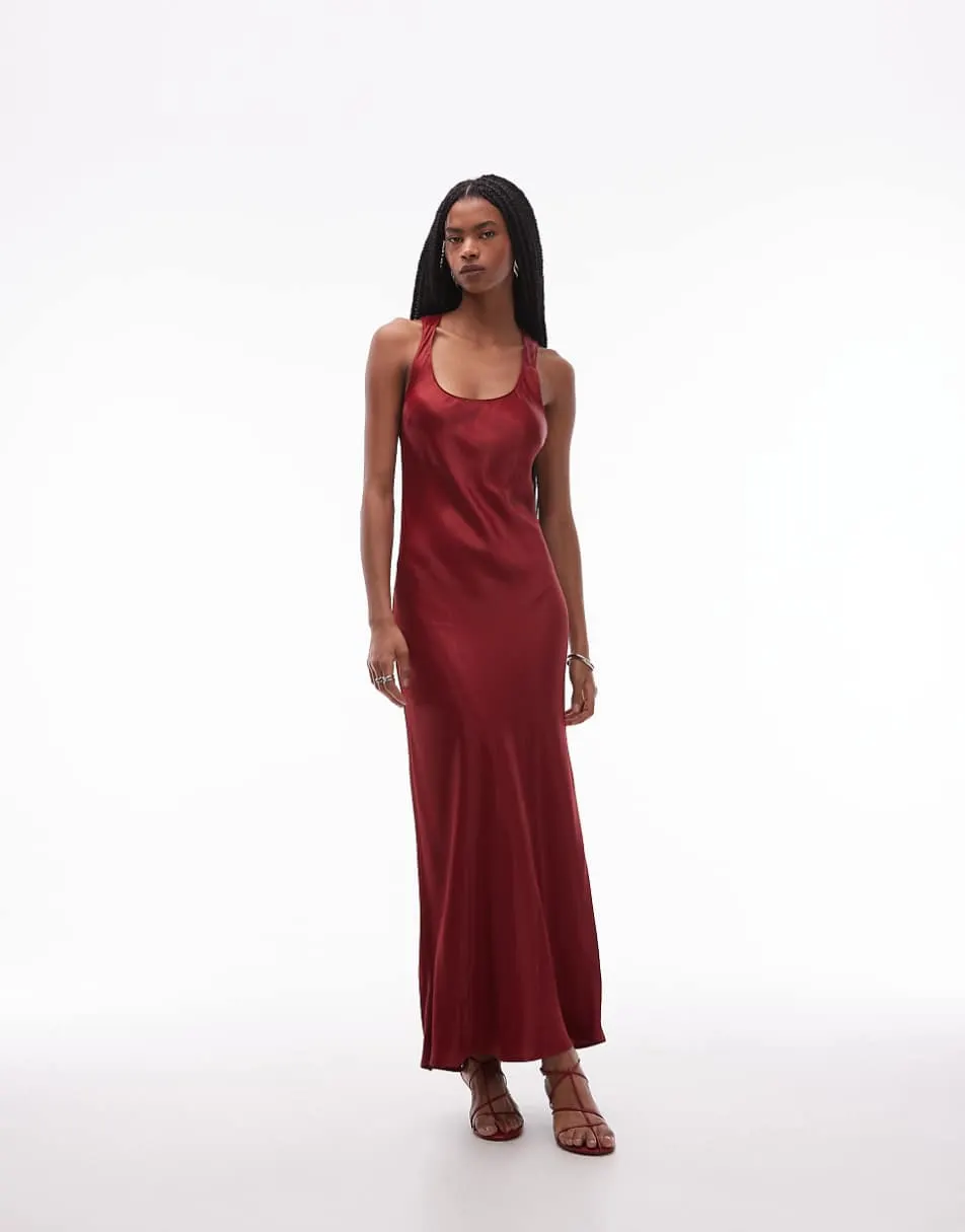 ASOS DESIGN satin scoop maxi dress in burgundy