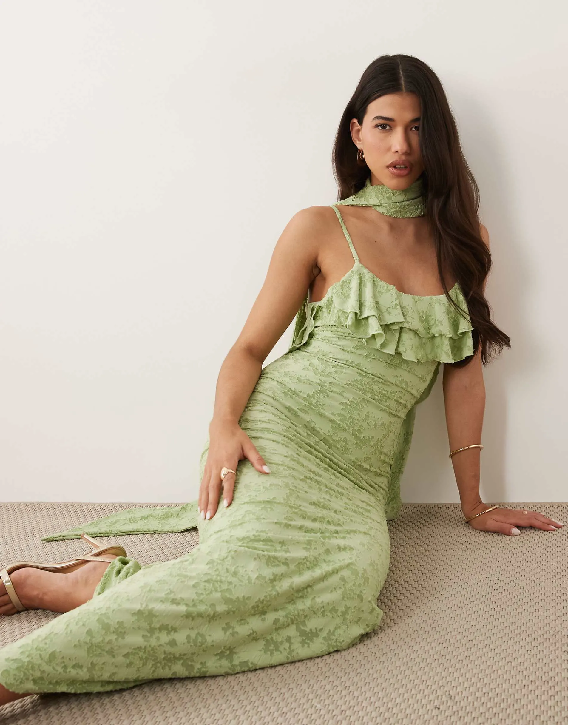 ASOS DESIGN devore frill neckline maxi dress with scarf detail in green