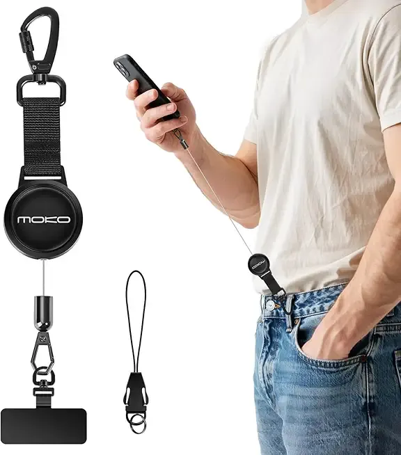 MoKo Anti-theft Phone Tether, Universal Phone Lanyard Retractable Steel Line Cellphone Strap with Locking Carabiner and Metal 360° Tether Tab for Outdoor Hiking Climbing Fishing, Black